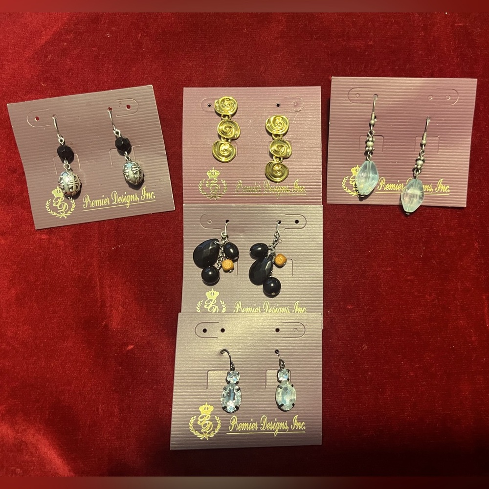 Premier Designs Black, Gold, and Blue Earring Collection. 5 pairs.